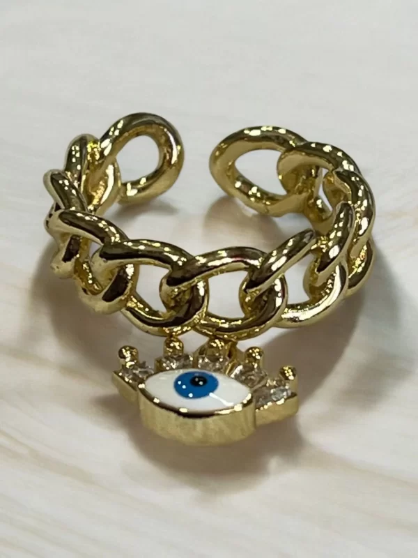 Gold Chain-Link Evil Eye Charm Ring with Crystal Embellishments - Image 2