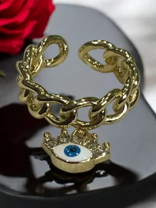 Gold Chain-Link Evil Eye Charm Ring with Crystal Embellishments