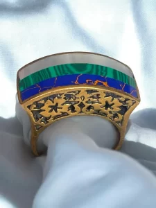 Vintage Brass Art Deco Ring with Malachite, Lapis Lazuli, and Mother of Pearl Inlay