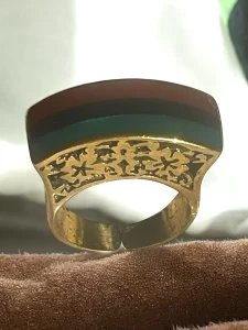 Vintage-Inspired Onyx, Carnelian, and Green Agate Striped Brass Ring