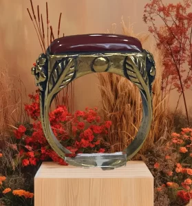 Regal Carnelian Stone Brass Ring with Floral Engravings