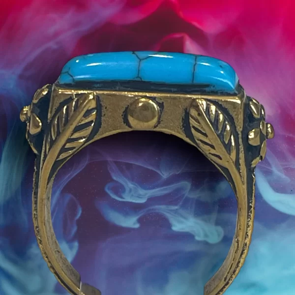Turquoise Stone Brass Ring with Intricate Floral Engravings - Image 3
