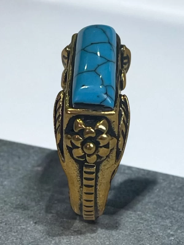 Turquoise Stone Brass Ring with Intricate Floral Engravings - Image 2
