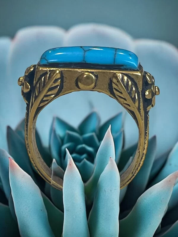 Turquoise Stone Brass Ring with Intricate Floral Engravings