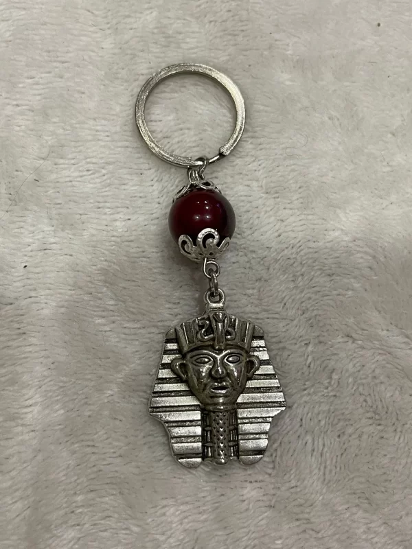 Ancient Egyptian Pharaoh Keychain with Maroon Bead Accent