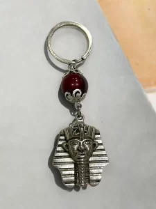 Ancient Egyptian Pharaoh Keychain with Maroon Bead Accent
