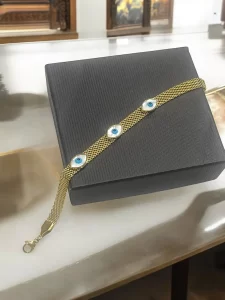 Gold Evil Eye Bracelet with Mesh Chain