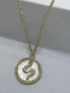 Mother of Pearl Snake Charm Necklace – Dainty CZ Snake Medallion Pendant Necklace