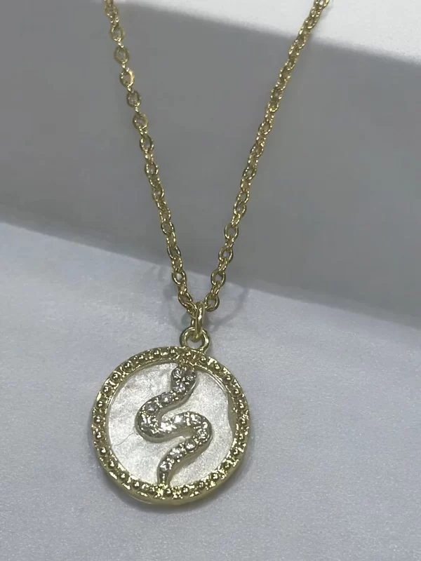 Mother of Pearl Snake Charm Necklace – Dainty CZ Snake Medallion Pendant Necklace