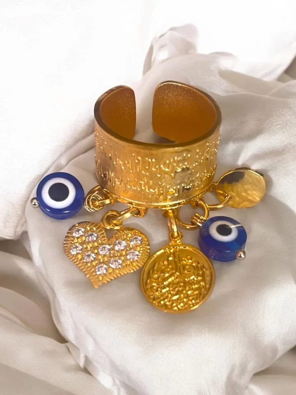 Ayatul Kursi Islamic Gold-Tone Charm Ring with Evil Eye Beads - Image 4