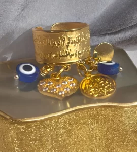 Ayatul Kursi Islamic Gold-Tone Charm Ring with Evil Eye Beads