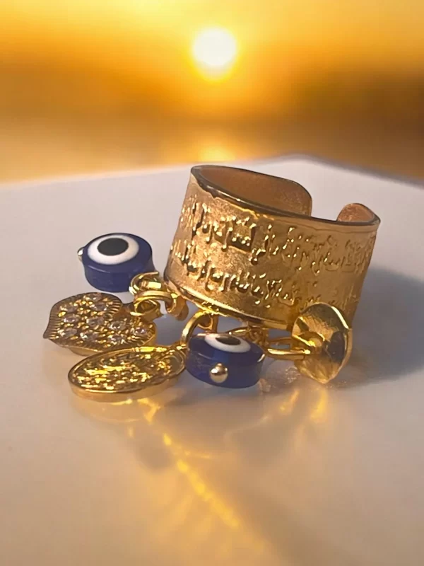 Ayatul Kursi Islamic Gold-Tone Charm Ring with Evil Eye Beads - Image 5
