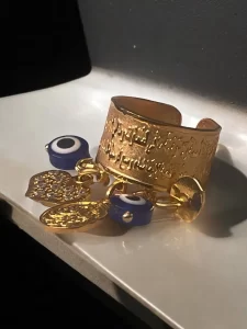 Ayatul Kursi Islamic Gold-Tone Charm Ring with Evil Eye Beads