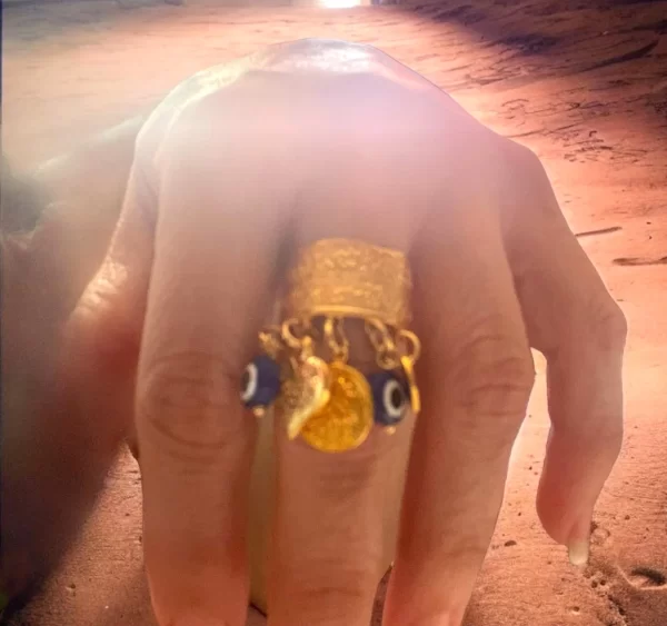 Ayatul Kursi Islamic Gold-Tone Charm Ring with Evil Eye Beads - Image 3