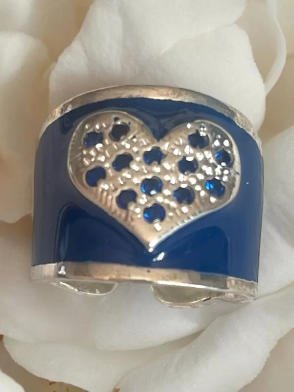 Bold Heart Motif Wide Band Ring with Blue Enamel - Image 3