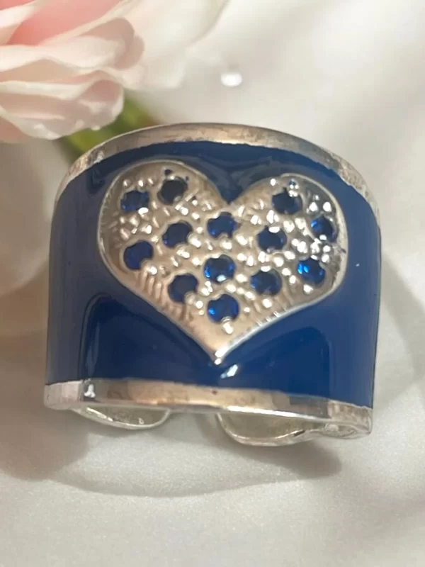 Bold Heart Motif Wide Band Ring with Blue Enamel
