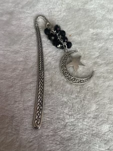 Crescent Moon and Star Silver Bookmark with Crystal Stones