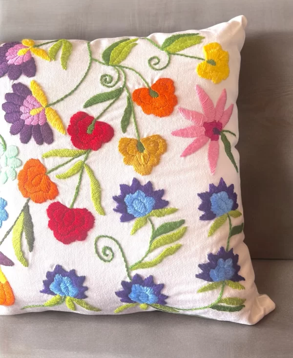 Floral Hand Embroidered Cotton Pillow with Woolen Thread - Image 4