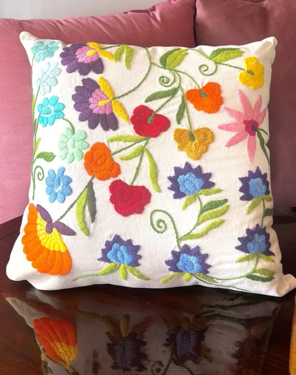Floral Hand Embroidered Cotton Pillow with Woolen Thread - Image 2