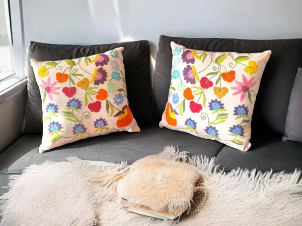 Floral Hand Embroidered Cotton Pillow with Woolen Thread - Image 6