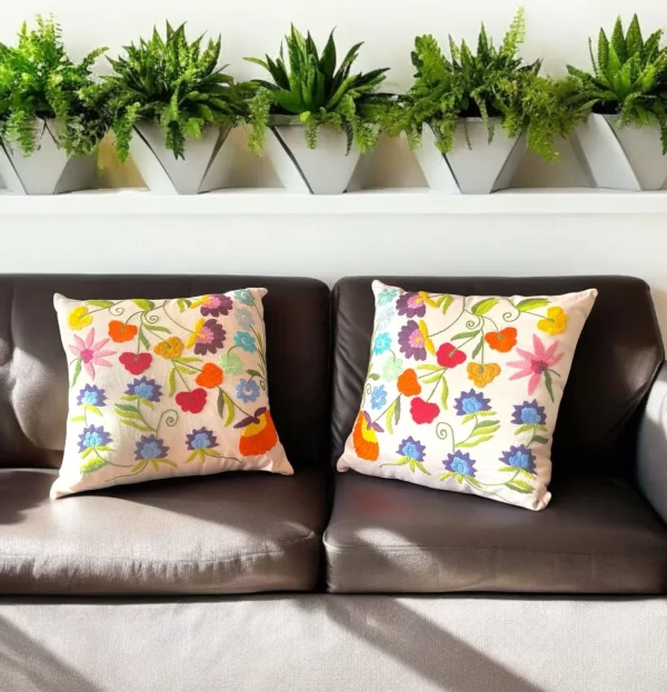 Floral Hand Embroidered Cotton Pillow with Woolen Thread - Image 5