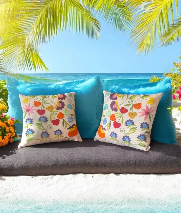 Floral Hand Embroidered Cotton Pillow with Woolen Thread - Image 3