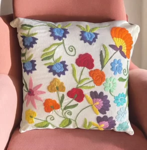 Floral Hand Embroidered Cotton Pillow with Woolen Thread