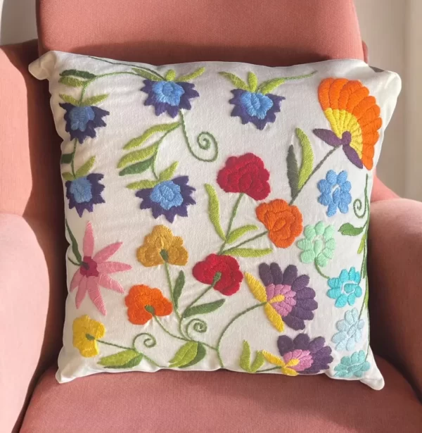 Floral Hand Embroidered Cotton Pillow with Woolen Thread