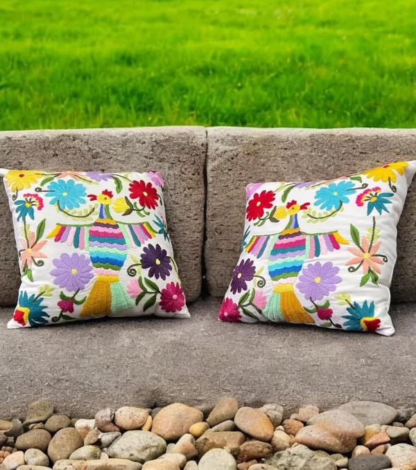 Vibrant Chicken and Floral Hand-Embroidered Crochet Pillow - Image 3