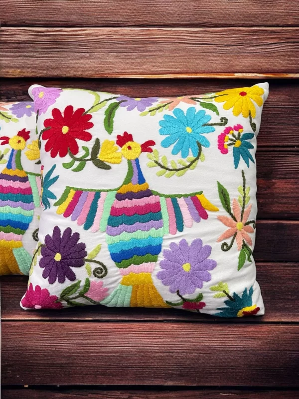 Vibrant Chicken and Floral Hand-Embroidered Crochet Pillow - Image 4