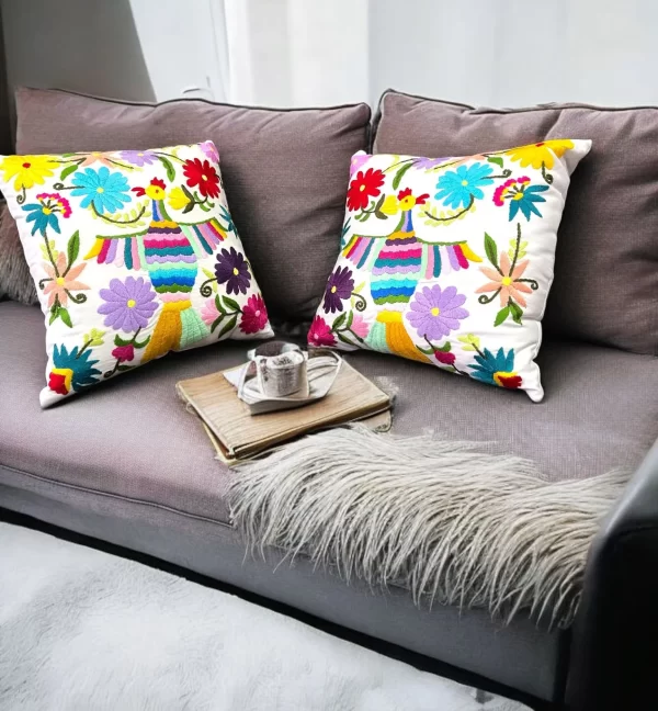 Vibrant Chicken and Floral Hand-Embroidered Crochet Pillow - Image 5