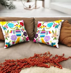 Vibrant Chicken and Floral Hand-Embroidered Crochet Pillow