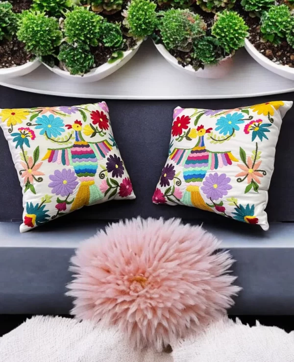 Vibrant Chicken and Floral Hand-Embroidered Crochet Pillow - Image 6