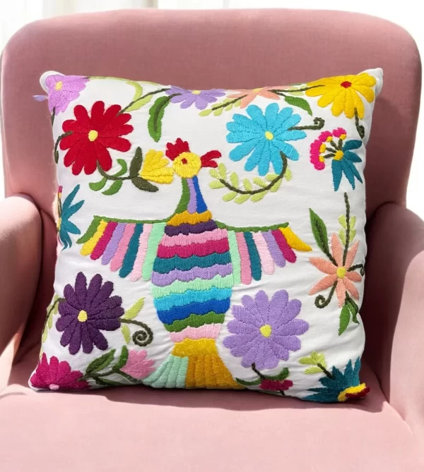 Vibrant Chicken and Floral Hand-Embroidered Crochet Pillow