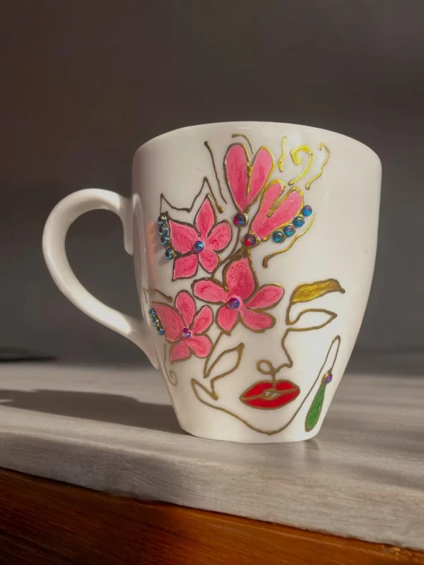 Handcrafted Artistic Floral Mug with Rhinestone Accents