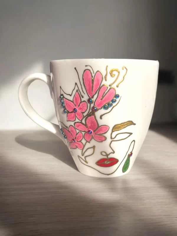 Handcrafted Artistic Floral Mug with Rhinestone Accents - Image 3
