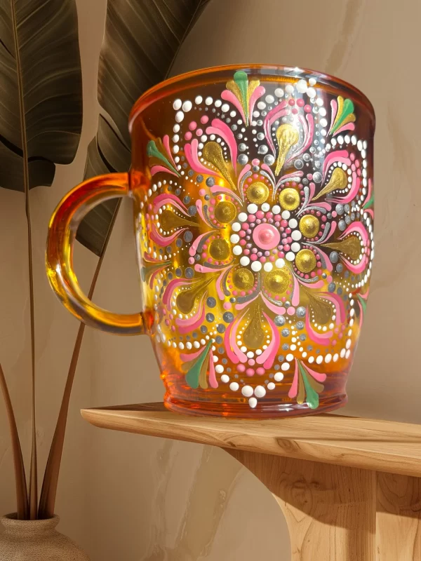 Handcrafted Amber Mug with Vibrant Dot Mandala Design - Image 3