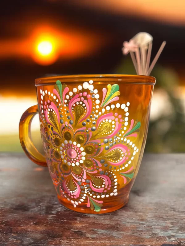 Handcrafted Amber Mug with Vibrant Dot Mandala Design - Image 2