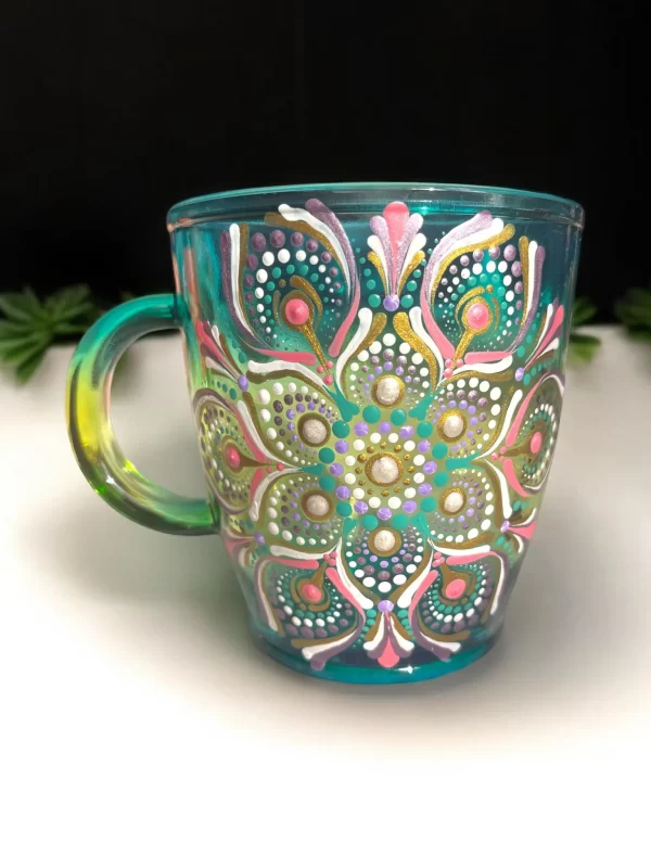 Hand-Painted Teal Mandala Mug – Vibrant Floral Design
