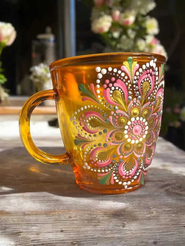 Handcrafted Amber Mug with Vibrant Dot Mandala Design - Image 4