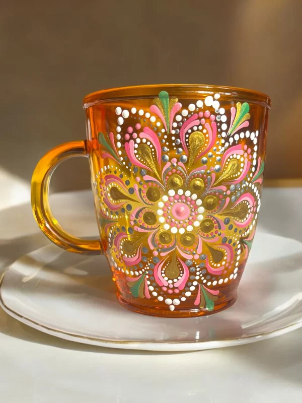 Handcrafted Amber Mug with Vibrant Dot Mandala Design
