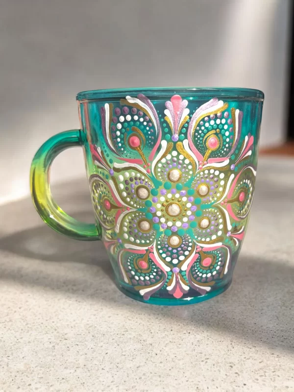 Hand-Painted Teal Mandala Mug – Vibrant Floral Design - Image 3