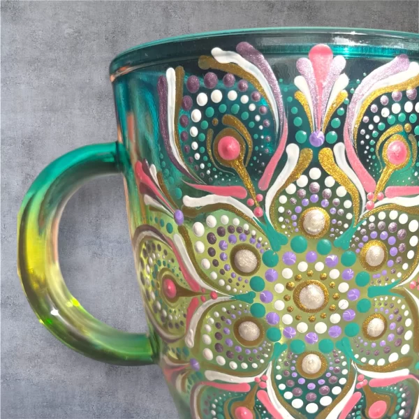 Hand-Painted Teal Mandala Mug – Vibrant Floral Design - Image 2