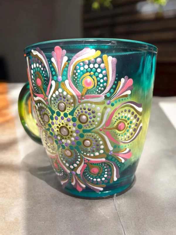 Hand-Painted Teal Mandala Mug – Vibrant Floral Design - Image 4