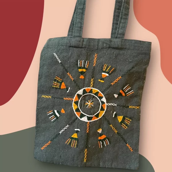 Handmade Dark Green Tote Bag with Sunburst Embroidery - Image 3