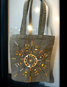 Handmade Dark Green Tote Bag with Sunburst Embroidery
