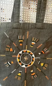 Handmade Dark Green Tote Bag with Sunburst Embroidery