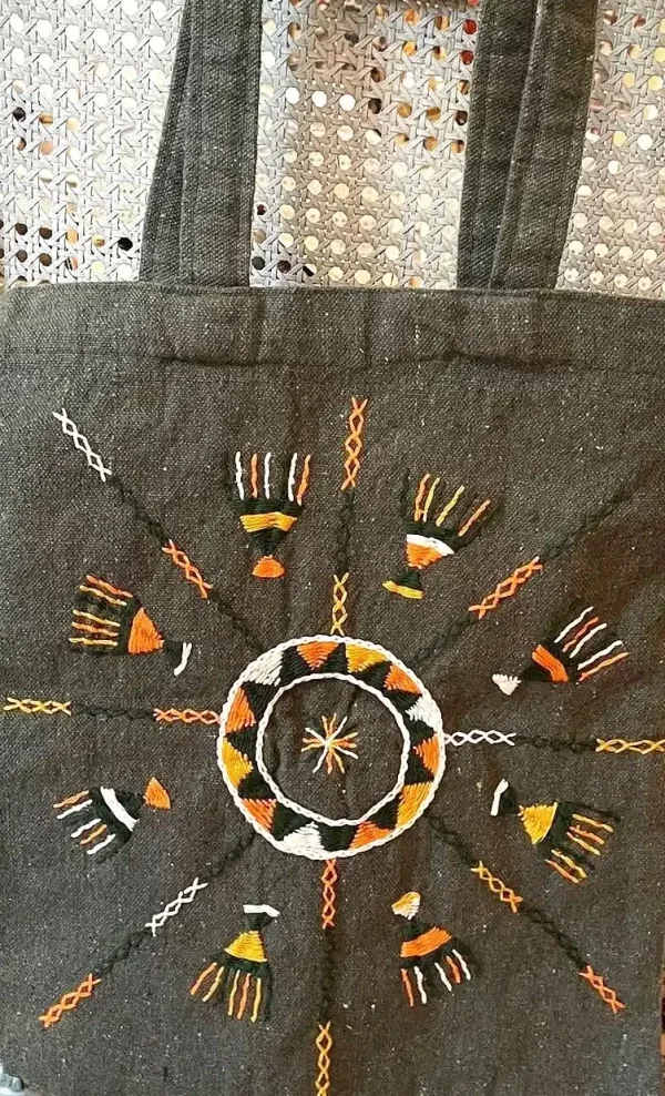 Handmade Dark Green Tote Bag with Sunburst Embroidery - Image 2
