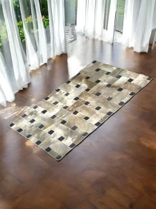 Handmade 3FT x 5FT Cowhide Patchwork Rug – Natural Leather in Golden, Beige & Brown