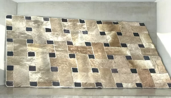 Handmade 3FT x 5FT Cowhide Patchwork Rug – Natural Leather in Golden, Beige & Brown - Image 3